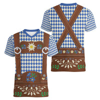 Lederhosen Oktoberfest Women V-Neck T-Shirt Blue Edelweiss Floral Polka Dots - Wonder Print Shop