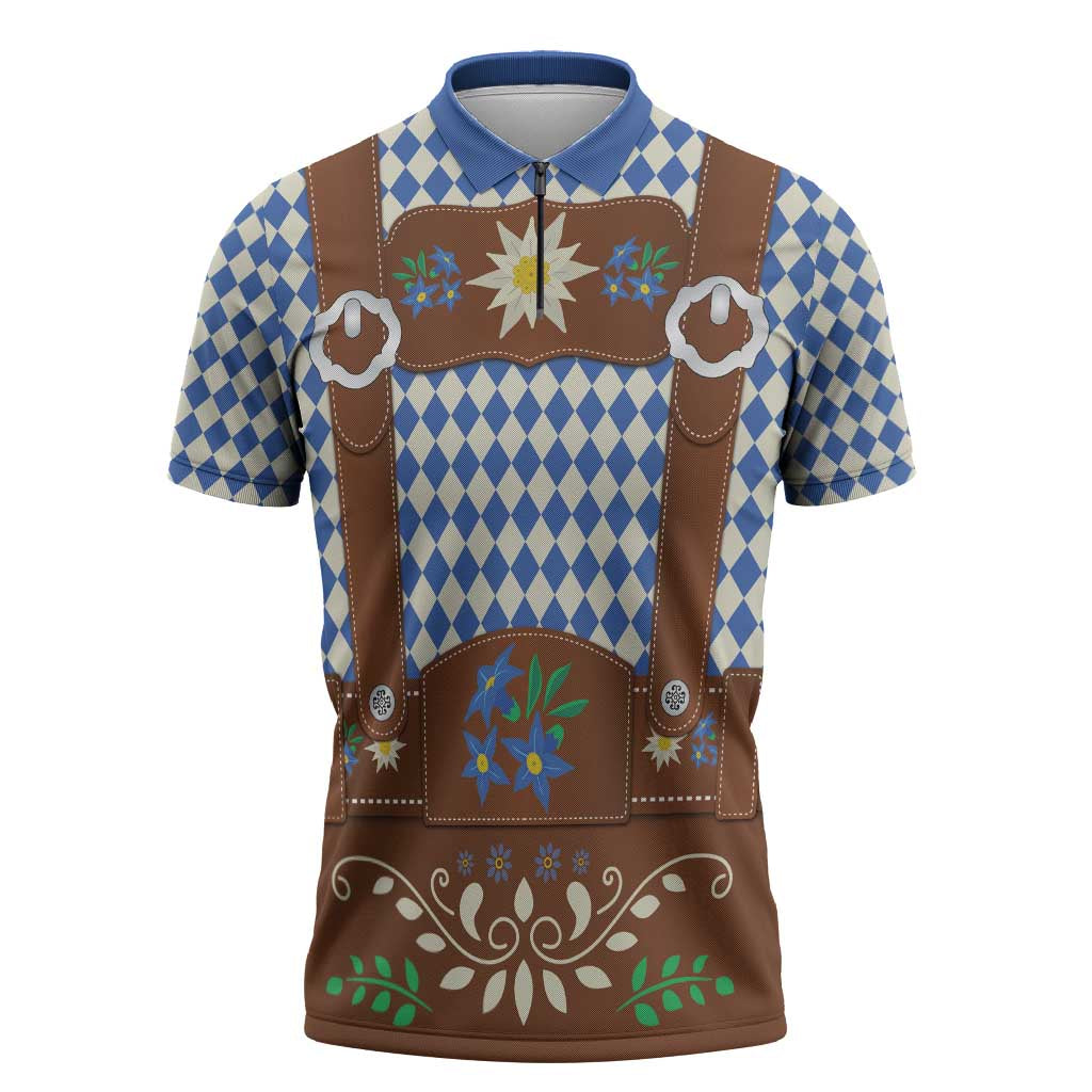 Lederhosen Oktoberfest Zipper Polo Shirt Blue Edelweiss Floral Polka Dots - Wonder Print Shop