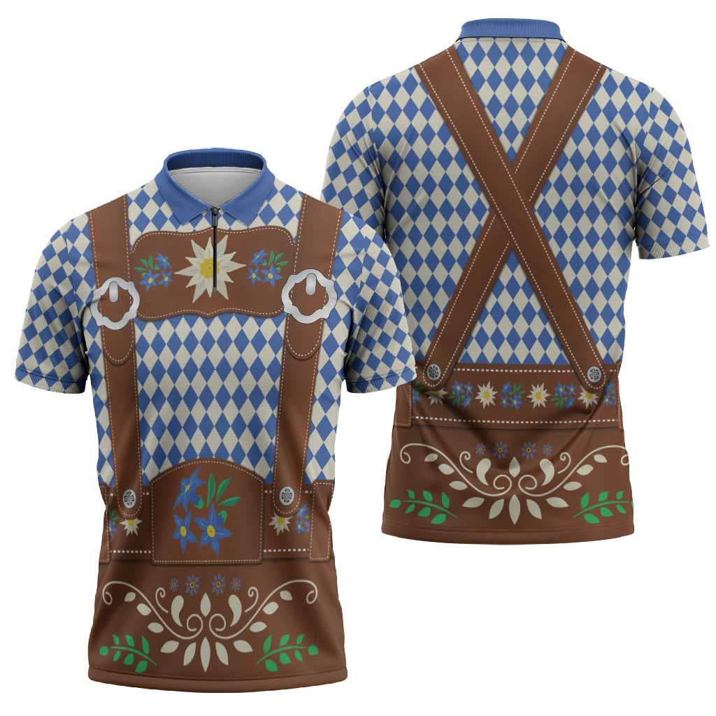 Lederhosen Oktoberfest Zipper Polo Shirt Blue Edelweiss Floral Polka Dots - Wonder Print Shop
