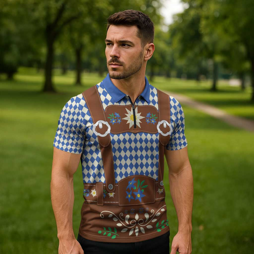 Lederhosen Oktoberfest Zipper Polo Shirt Blue Edelweiss Floral Polka Dots - Wonder Print Shop
