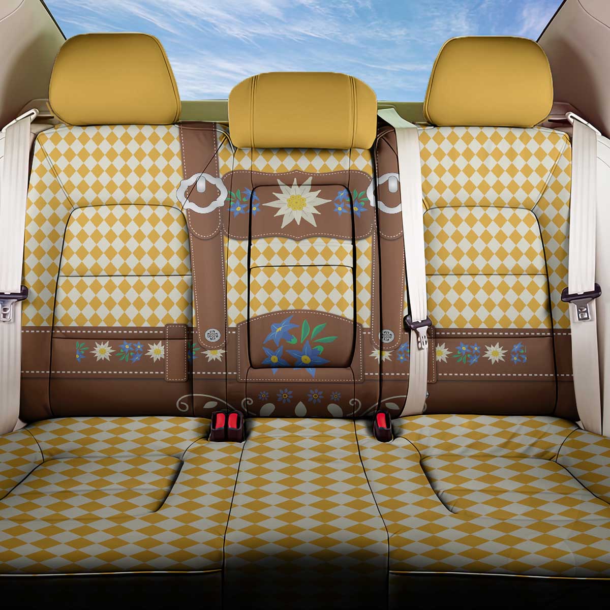 Lederhosen Oktoberfest Back Car Seat Cover Gold Edelweiss Floral Polka Dots - Wonder Print Shop