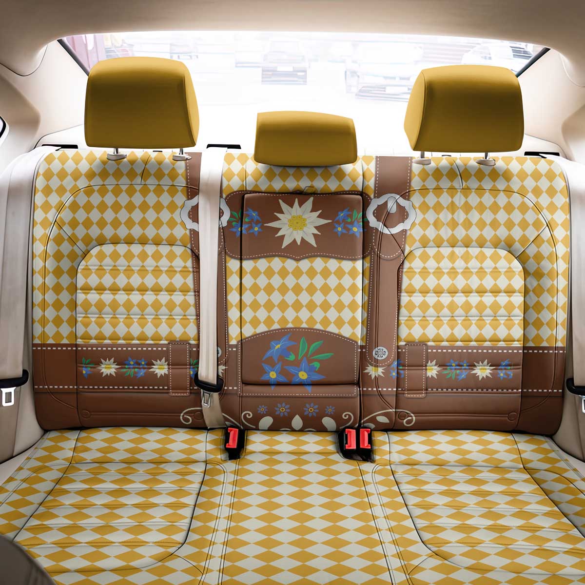 Lederhosen Oktoberfest Back Car Seat Cover Gold Edelweiss Floral Polka Dots - Wonder Print Shop