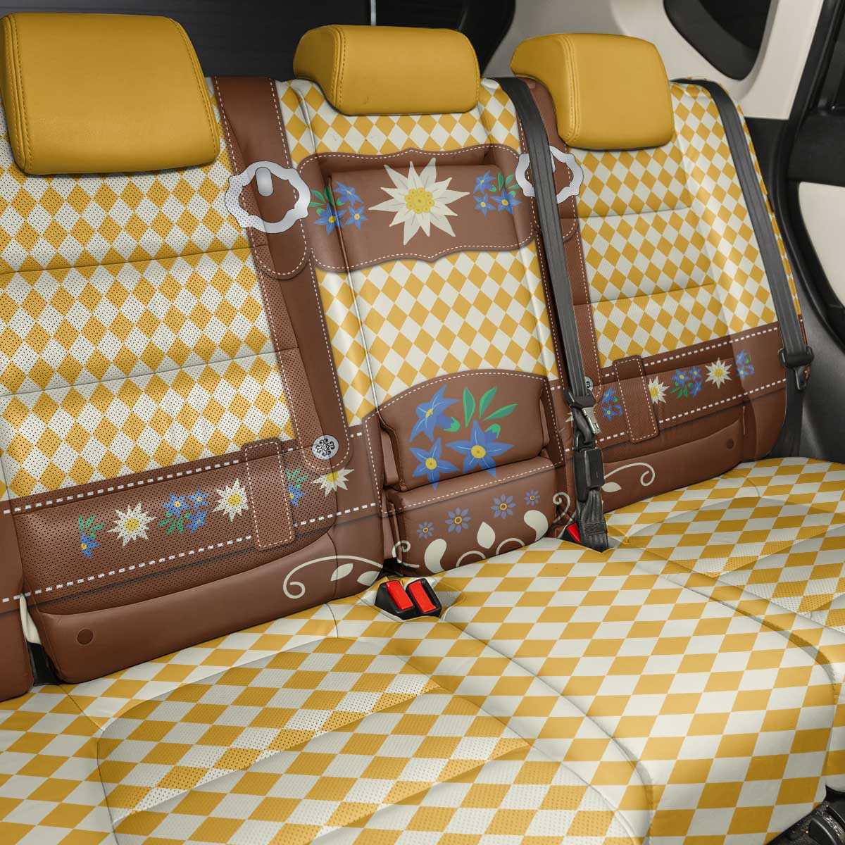 Lederhosen Oktoberfest Back Car Seat Cover Gold Edelweiss Floral Polka Dots - Wonder Print Shop