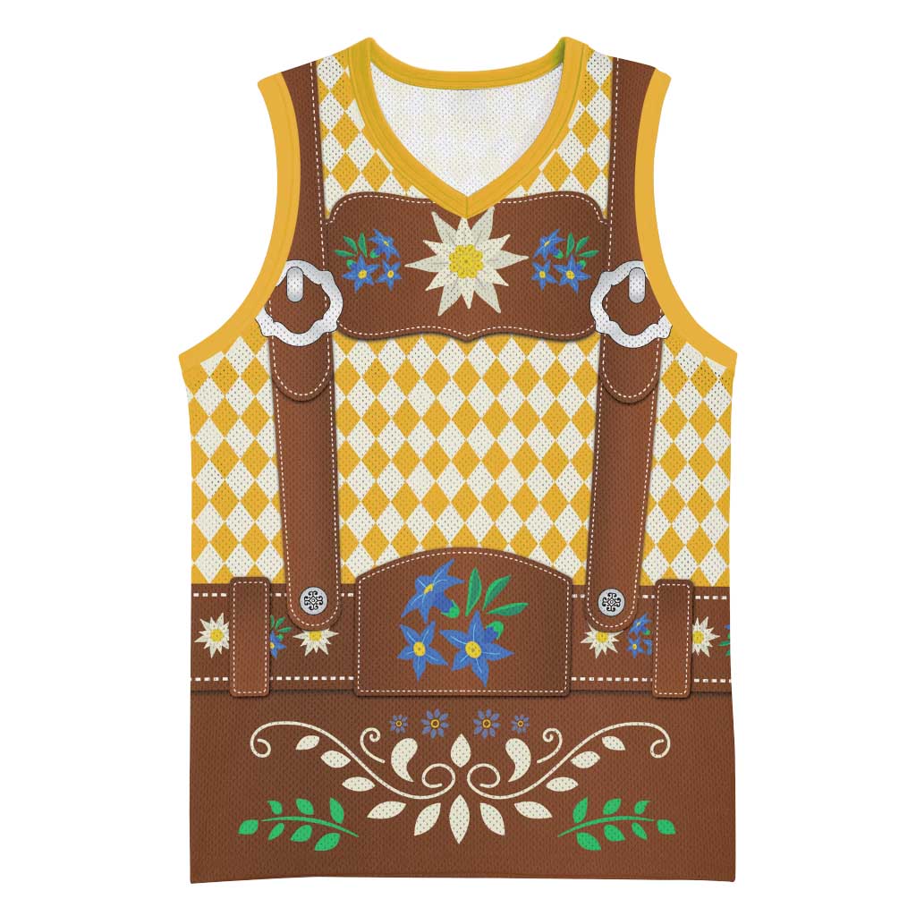 Lederhosen Oktoberfest Basketball Jersey Gold Edelweiss Floral Polka Dots - Wonder Print Shop