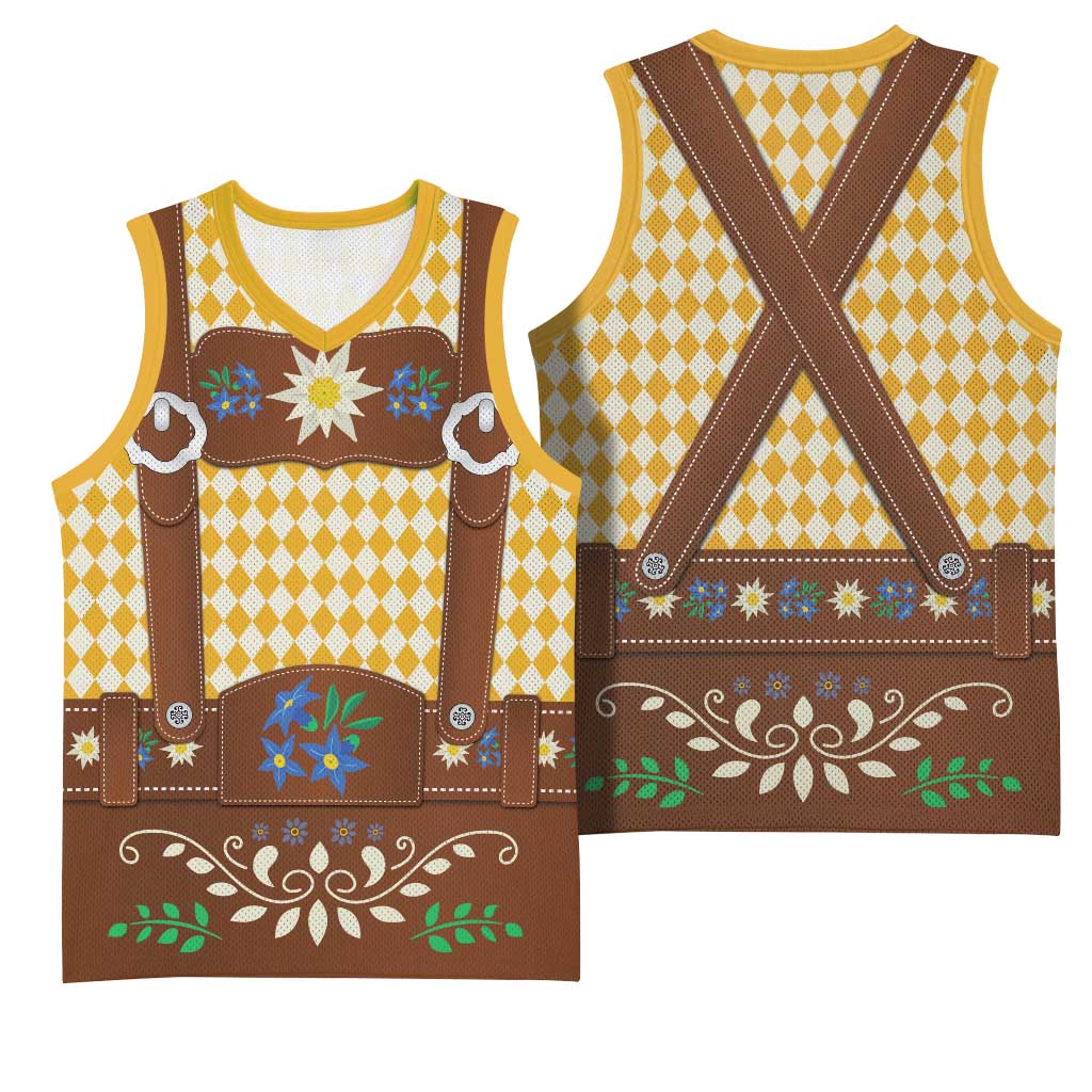 Lederhosen Oktoberfest Basketball Jersey Gold Edelweiss Floral Polka Dots - Wonder Print Shop