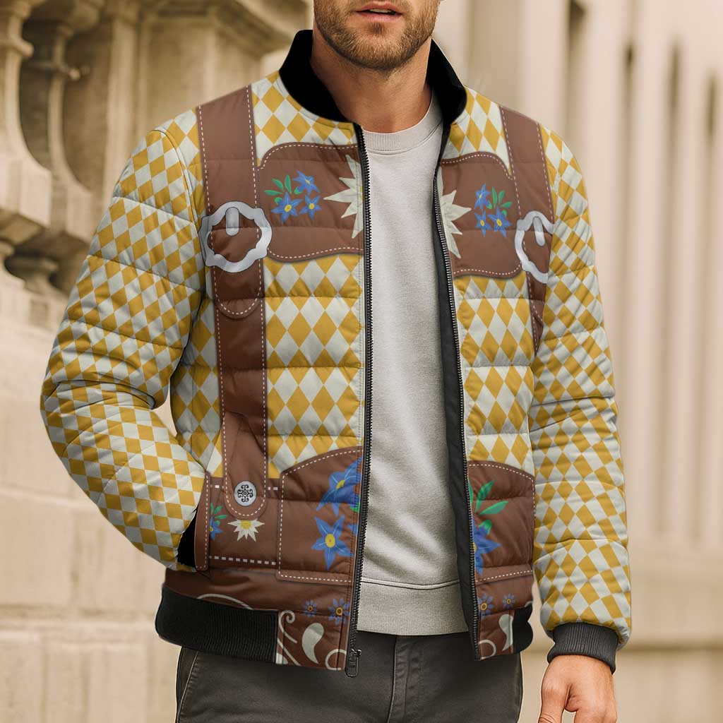 Lederhosen Oktoberfest Bomber Puffer Jacket Gold Edelweiss Floral Polka Dots - Wonder Print Shop