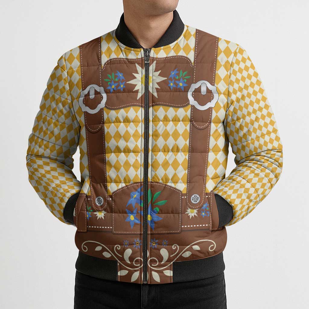 Lederhosen Oktoberfest Bomber Puffer Jacket Gold Edelweiss Floral Polka Dots - Wonder Print Shop