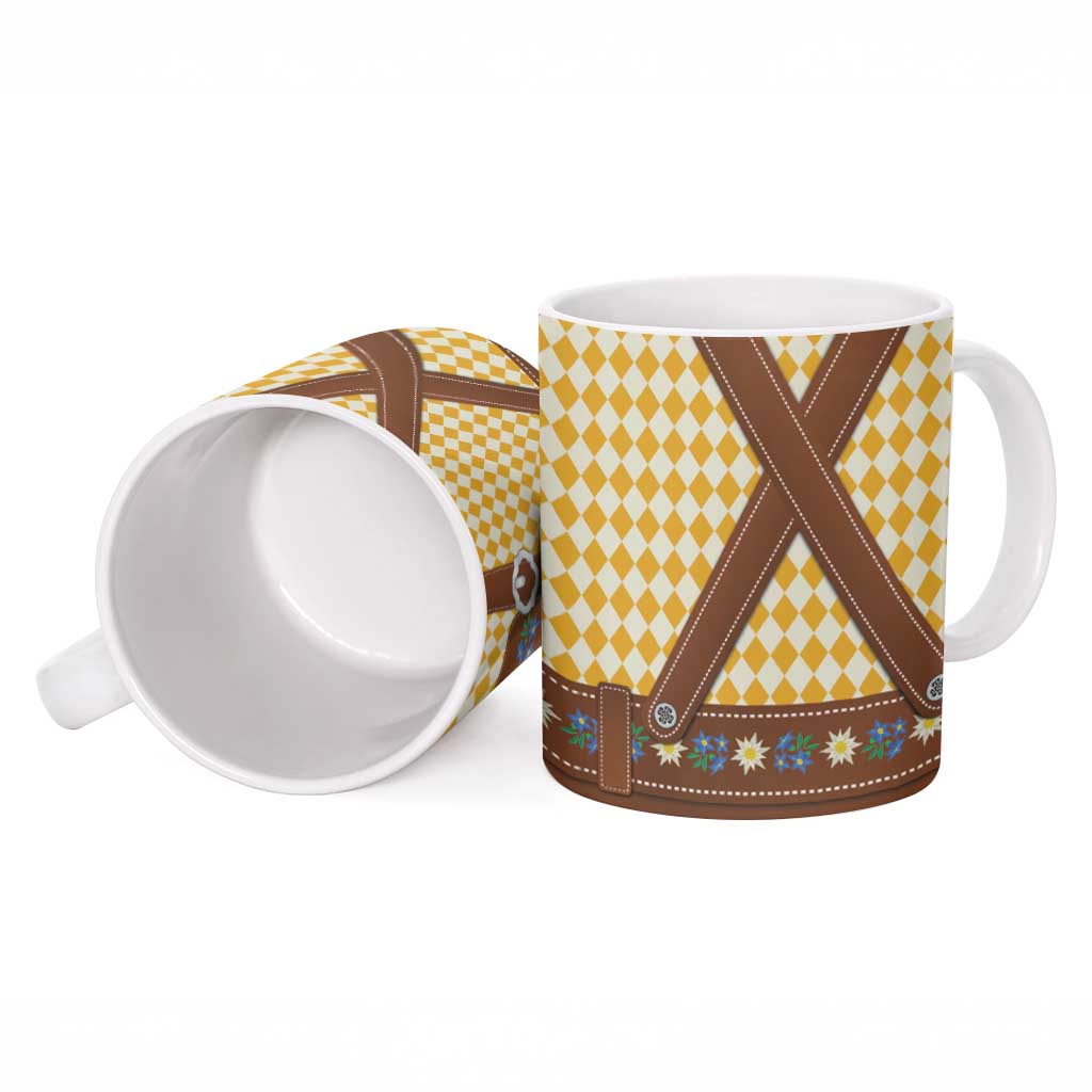 Lederhosen Oktoberfest Ceramic Mug Gold Edelweiss Floral Polka Dots - Wonder Print Shop