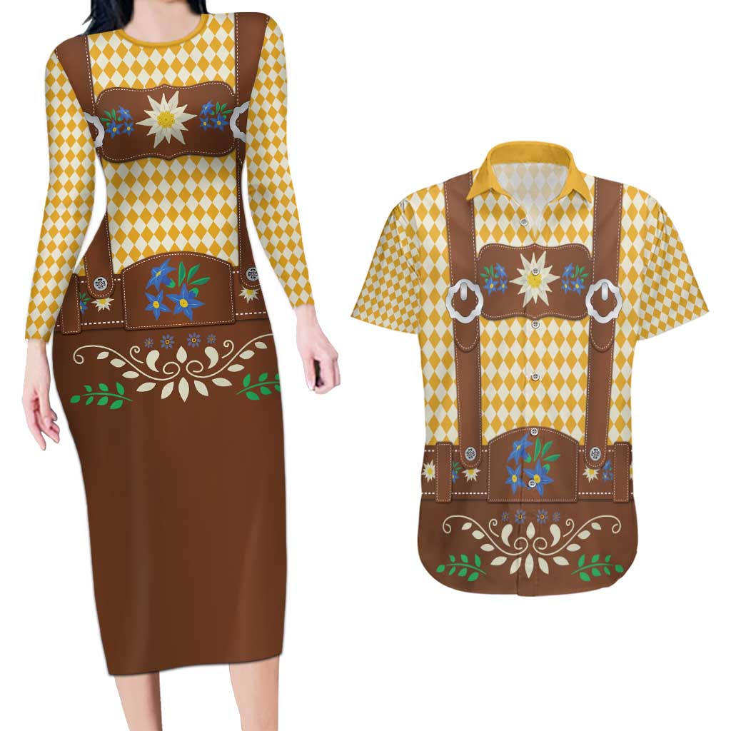 Lederhosen Oktoberfest Couples Matching Long Sleeve Bodycon Dress and Hawaiian Shirt Gold Edelweiss Floral Polka Dots - Wonder Print Shop
