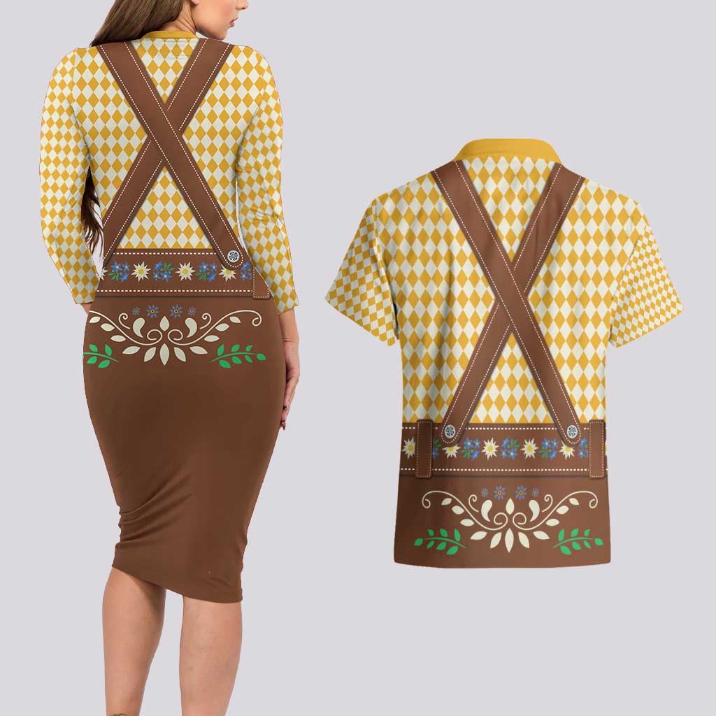 Lederhosen Oktoberfest Couples Matching Long Sleeve Bodycon Dress and Hawaiian Shirt Gold Edelweiss Floral Polka Dots - Wonder Print Shop