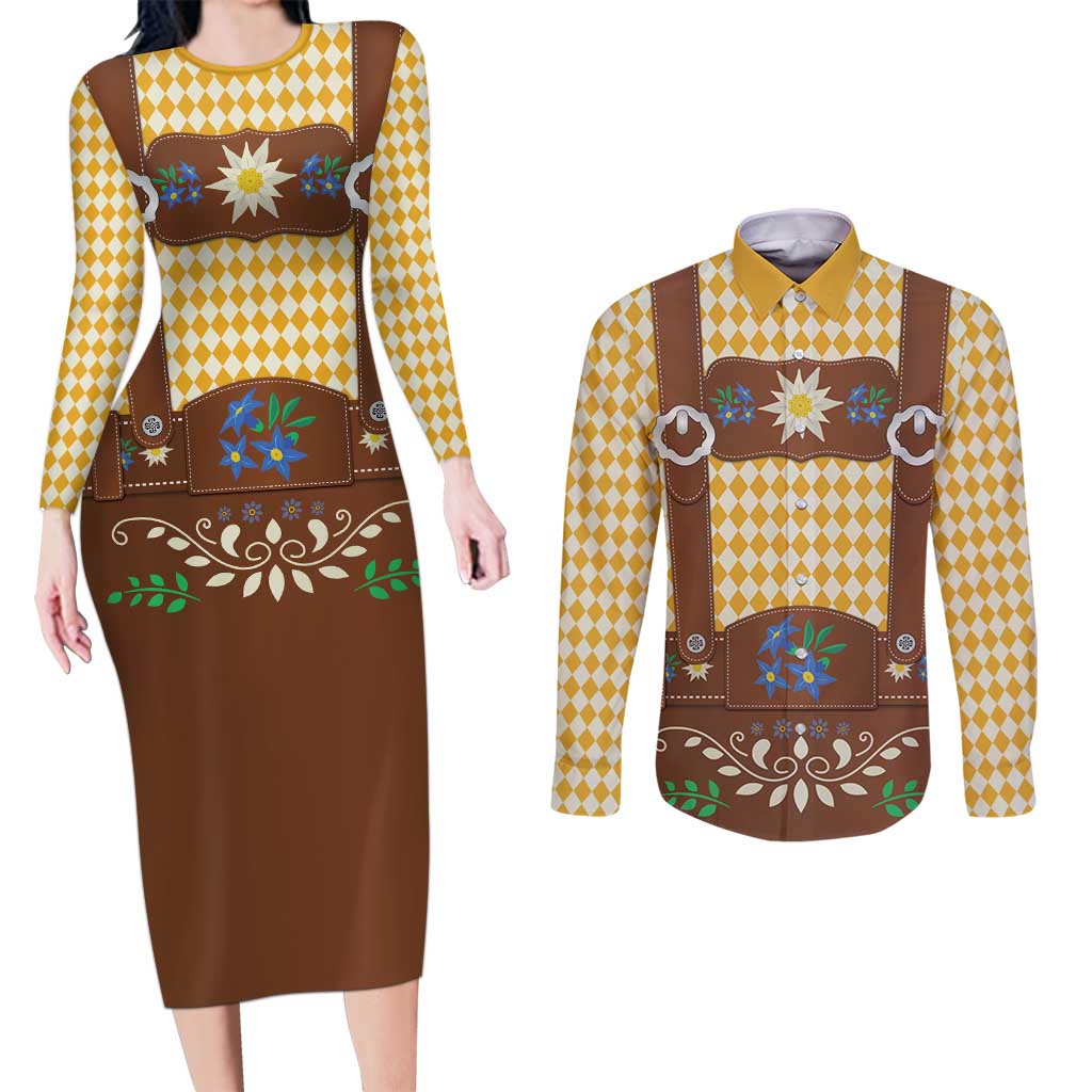 Lederhosen Oktoberfest Couples Matching Long Sleeve Bodycon Dress and Long Sleeve Button Shirt Gold Edelweiss Floral Polka Dots - Wonder Print Shop