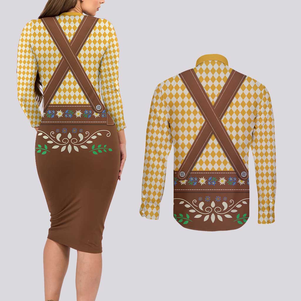 Lederhosen Oktoberfest Couples Matching Long Sleeve Bodycon Dress and Long Sleeve Button Shirt Gold Edelweiss Floral Polka Dots - Wonder Print Shop