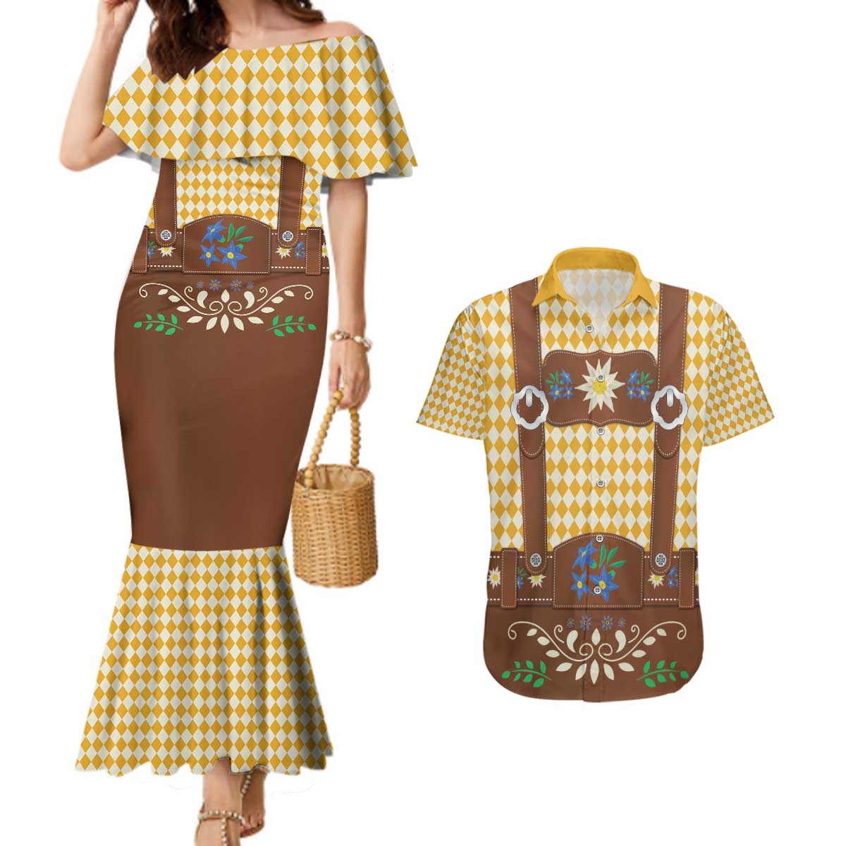 Lederhosen Oktoberfest Couples Matching Mermaid Dress and Hawaiian Shirt Gold Edelweiss Floral Polka Dots - Wonder Print Shop
