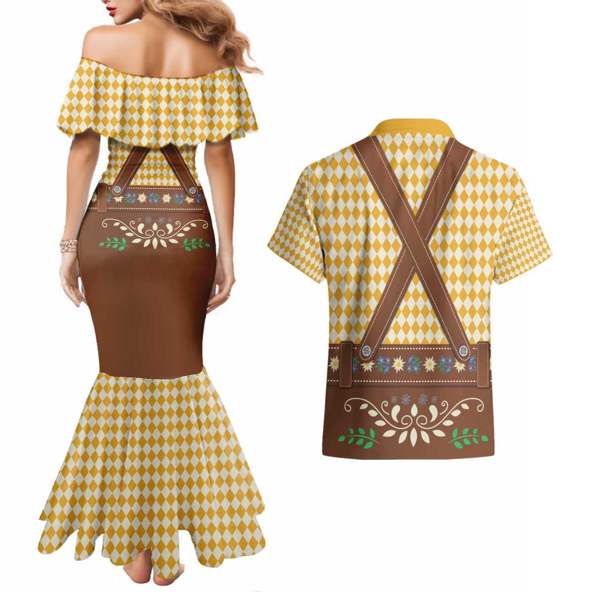 Lederhosen Oktoberfest Couples Matching Mermaid Dress and Hawaiian Shirt Gold Edelweiss Floral Polka Dots - Wonder Print Shop