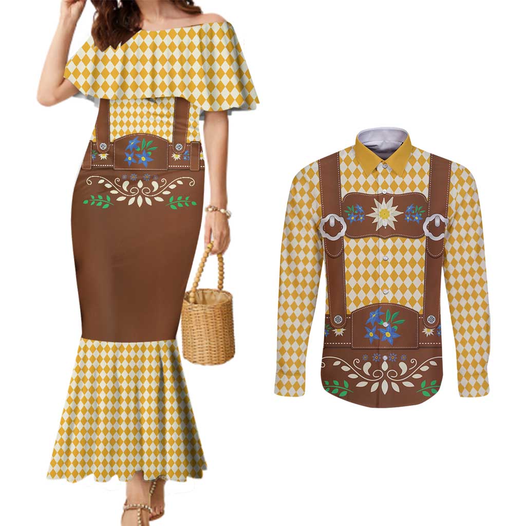Lederhosen Oktoberfest Couples Matching Mermaid Dress and Long Sleeve Button Shirt Gold Edelweiss Floral Polka Dots - Wonder Print Shop