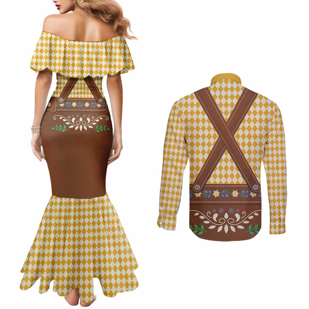Lederhosen Oktoberfest Couples Matching Mermaid Dress and Long Sleeve Button Shirt Gold Edelweiss Floral Polka Dots - Wonder Print Shop