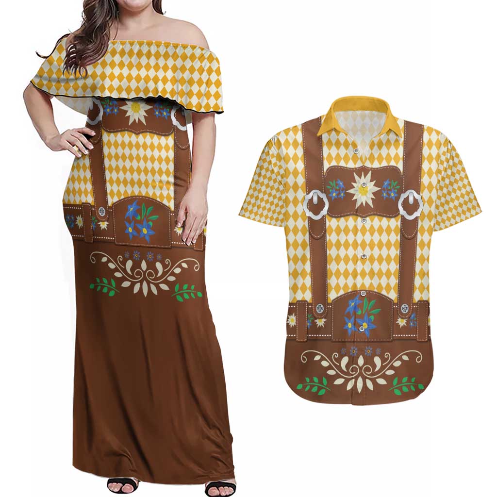 Lederhosen Oktoberfest Couples Matching Off Shoulder Maxi Dress and Hawaiian Shirt Gold Edelweiss Floral Polka Dots - Wonder Print Shop