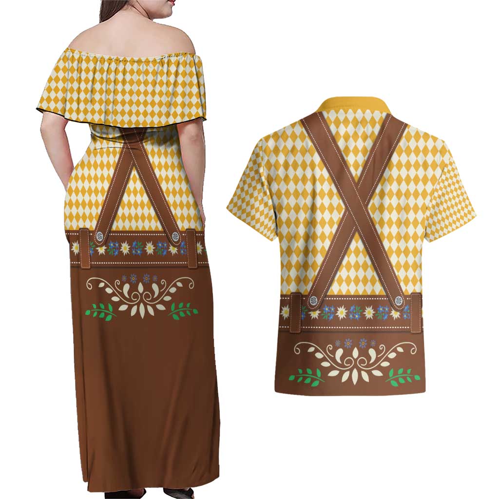 Lederhosen Oktoberfest Couples Matching Off Shoulder Maxi Dress and Hawaiian Shirt Gold Edelweiss Floral Polka Dots - Wonder Print Shop