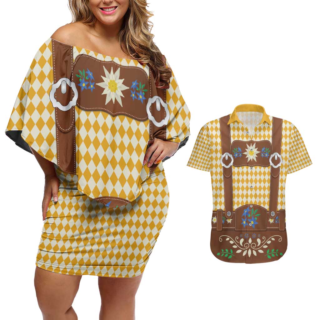 Lederhosen Oktoberfest Couples Matching Off Shoulder Short Dress and Hawaiian Shirt Gold Edelweiss Floral Polka Dots - Wonder Print Shop