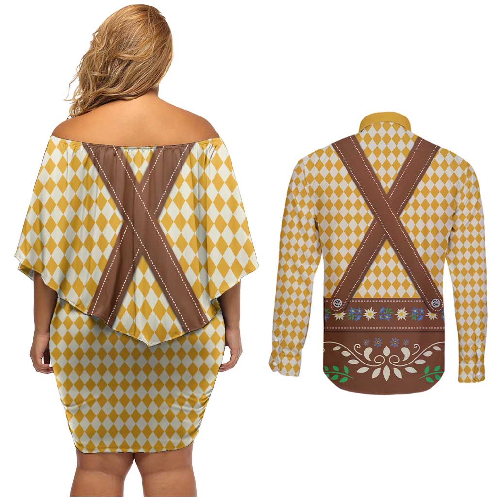 Lederhosen Oktoberfest Couples Matching Off Shoulder Short Dress and Long Sleeve Button Shirt Gold Edelweiss Floral Polka Dots - Wonder Print Shop