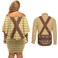 Lederhosen Oktoberfest Couples Matching Off Shoulder Short Dress and Long Sleeve Button Shirt Gold Edelweiss Floral Polka Dots - Wonder Print Shop