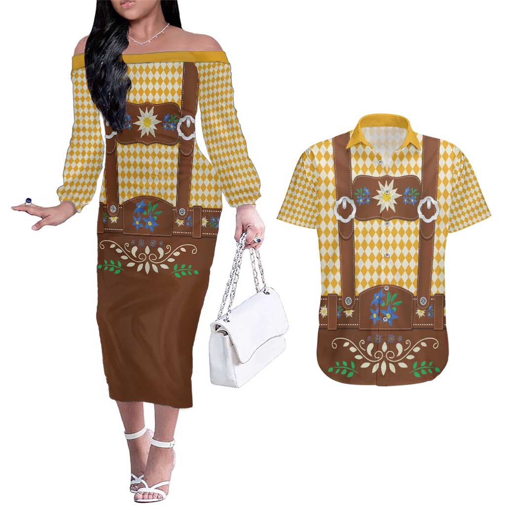 Lederhosen Oktoberfest Couples Matching Off The Shoulder Long Sleeve Dress and Hawaiian Shirt Gold Edelweiss Floral Polka Dots - Wonder Print Shop