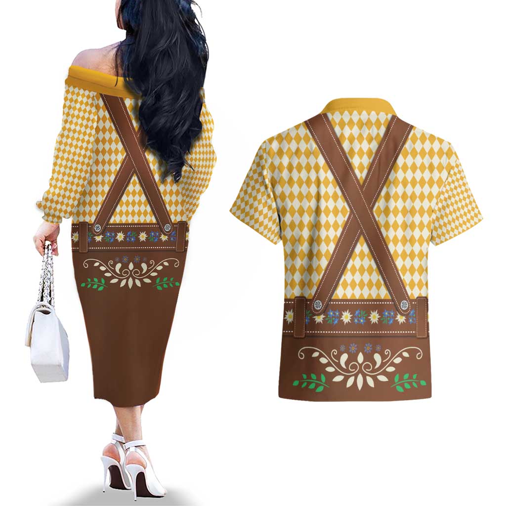 Lederhosen Oktoberfest Couples Matching Off The Shoulder Long Sleeve Dress and Hawaiian Shirt Gold Edelweiss Floral Polka Dots - Wonder Print Shop