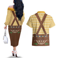 Lederhosen Oktoberfest Couples Matching Off The Shoulder Long Sleeve Dress and Hawaiian Shirt Gold Edelweiss Floral Polka Dots - Wonder Print Shop