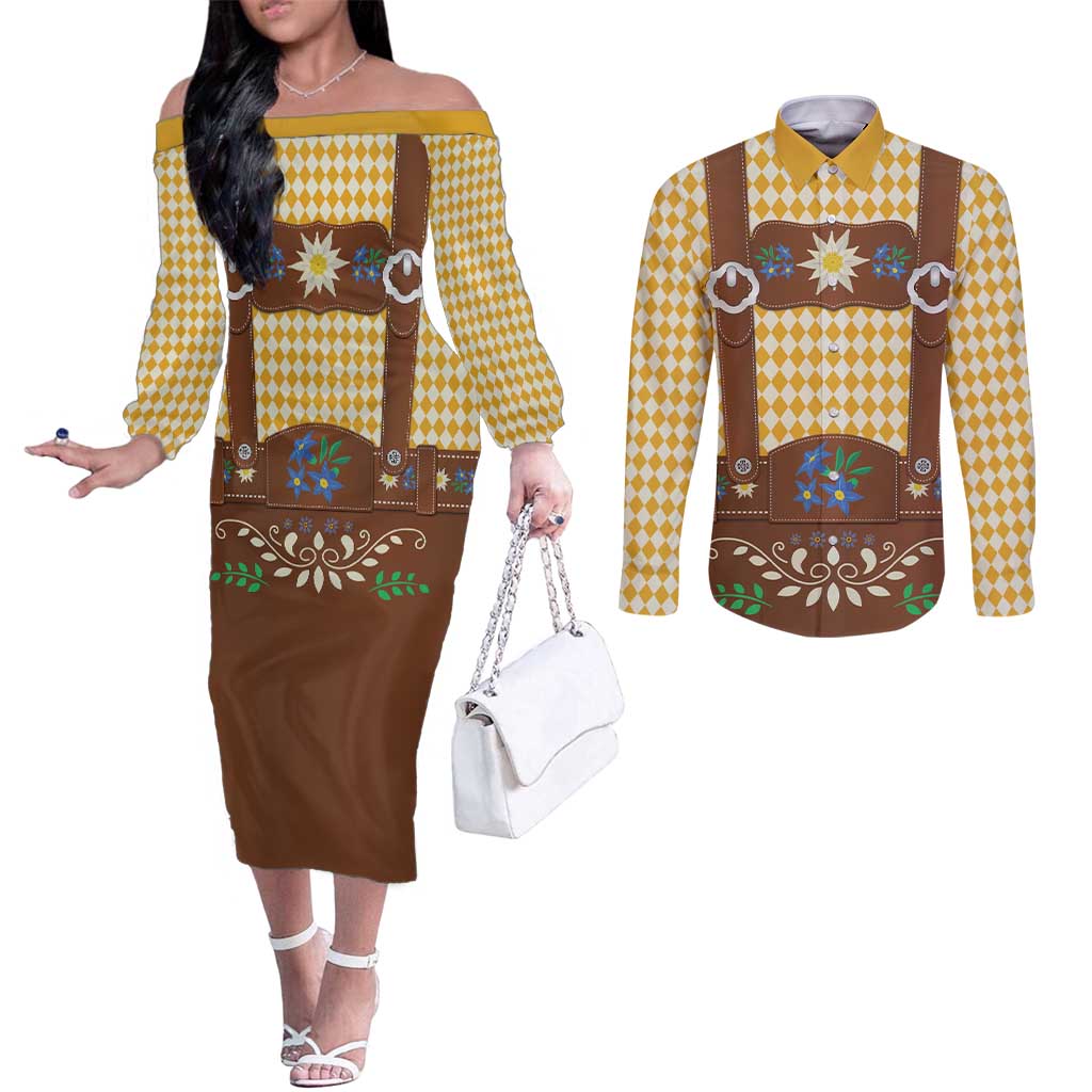 Lederhosen Oktoberfest Couples Matching Off The Shoulder Long Sleeve Dress and Long Sleeve Button Shirt Gold Edelweiss Floral Polka Dots - Wonder Print Shop