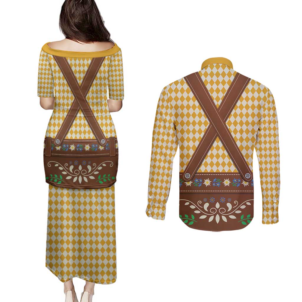 Lederhosen Oktoberfest Couples Matching Puletasi and Long Sleeve Button Shirt Gold Edelweiss Floral Polka Dots - Wonder Print Shop