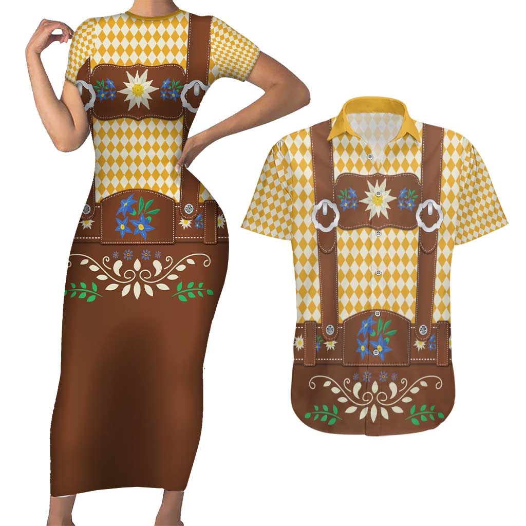 Lederhosen Oktoberfest Couples Matching Short Sleeve Bodycon Dress and Hawaiian Shirt Gold Edelweiss Floral Polka Dots - Wonder Print Shop