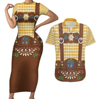 Lederhosen Oktoberfest Couples Matching Short Sleeve Bodycon Dress and Hawaiian Shirt Gold Edelweiss Floral Polka Dots - Wonder Print Shop