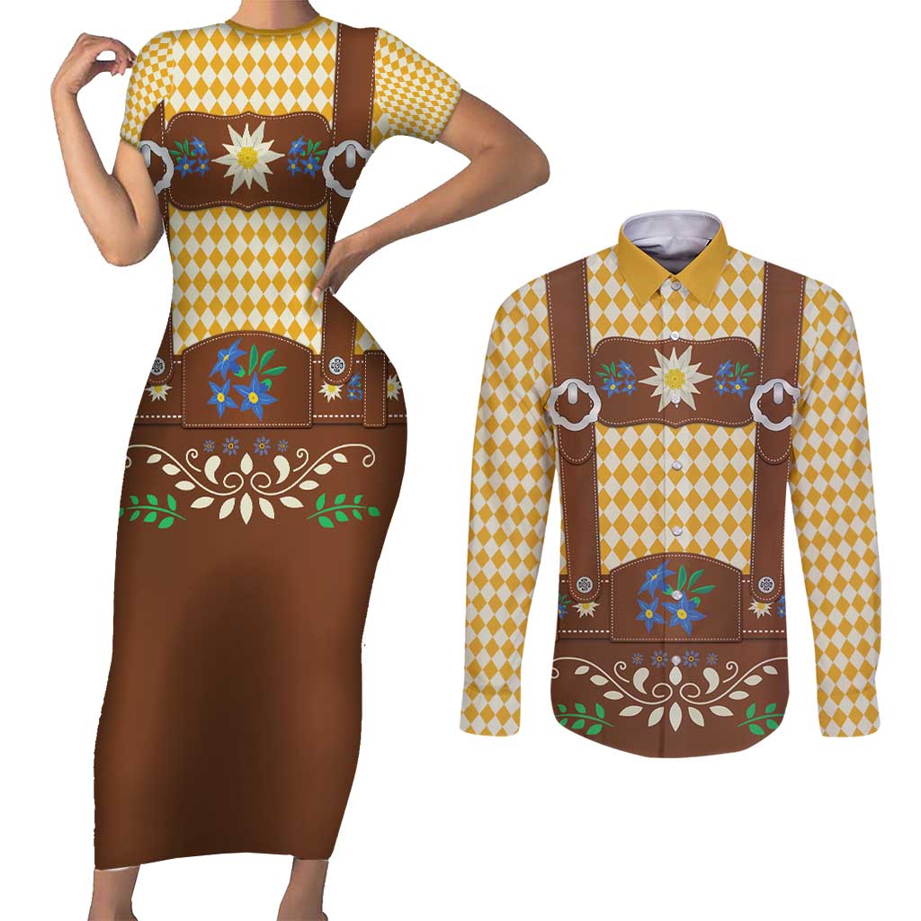 Lederhosen Oktoberfest Couples Matching Short Sleeve Bodycon Dress and Long Sleeve Button Shirt Gold Edelweiss Floral Polka Dots - Wonder Print Shop