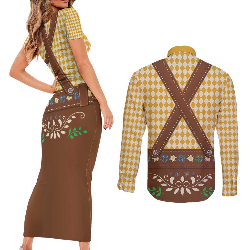 Lederhosen Oktoberfest Couples Matching Short Sleeve Bodycon Dress and Long Sleeve Button Shirt Gold Edelweiss Floral Polka Dots - Wonder Print Shop