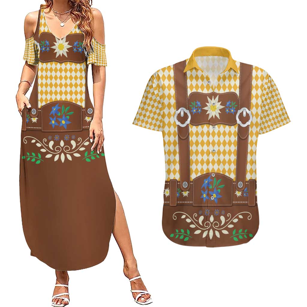 Lederhosen Oktoberfest Couples Matching Summer Maxi Dress and Hawaiian Shirt Gold Edelweiss Floral Polka Dots - Wonder Print Shop