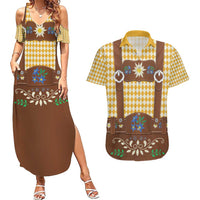 Lederhosen Oktoberfest Couples Matching Summer Maxi Dress and Hawaiian Shirt Gold Edelweiss Floral Polka Dots - Wonder Print Shop