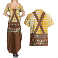 Lederhosen Oktoberfest Couples Matching Summer Maxi Dress and Hawaiian Shirt Gold Edelweiss Floral Polka Dots - Wonder Print Shop