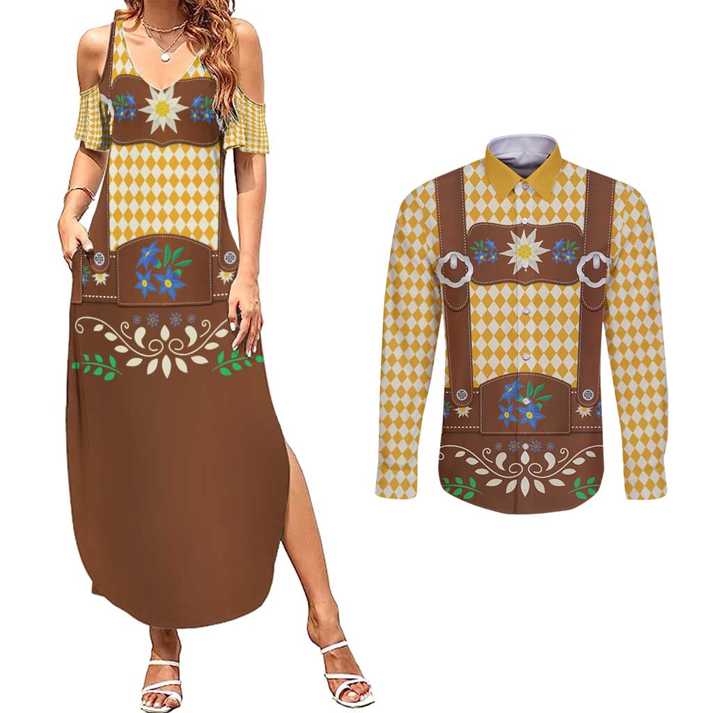 Lederhosen Oktoberfest Couples Matching Summer Maxi Dress and Long Sleeve Button Shirt Gold Edelweiss Floral Polka Dots - Wonder Print Shop