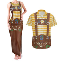 Lederhosen Oktoberfest Couples Matching Tank Maxi Dress and Hawaiian Shirt Gold Edelweiss Floral Polka Dots - Wonder Print Shop
