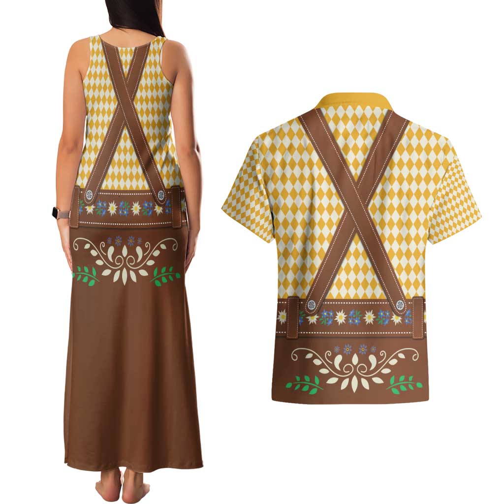 Lederhosen Oktoberfest Couples Matching Tank Maxi Dress and Hawaiian Shirt Gold Edelweiss Floral Polka Dots - Wonder Print Shop