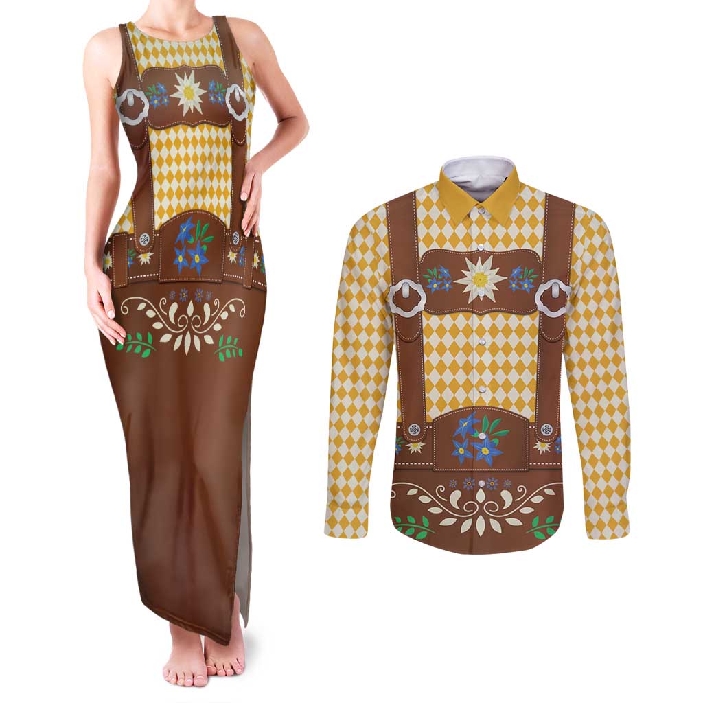 Lederhosen Oktoberfest Couples Matching Tank Maxi Dress and Long Sleeve Button Shirt Gold Edelweiss Floral Polka Dots - Wonder Print Shop