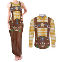 Lederhosen Oktoberfest Couples Matching Tank Maxi Dress and Long Sleeve Button Shirt Gold Edelweiss Floral Polka Dots - Wonder Print Shop