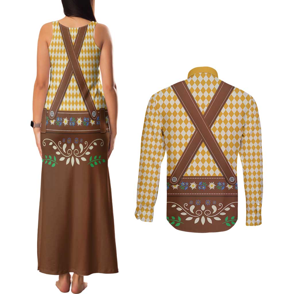 Lederhosen Oktoberfest Couples Matching Tank Maxi Dress and Long Sleeve Button Shirt Gold Edelweiss Floral Polka Dots - Wonder Print Shop
