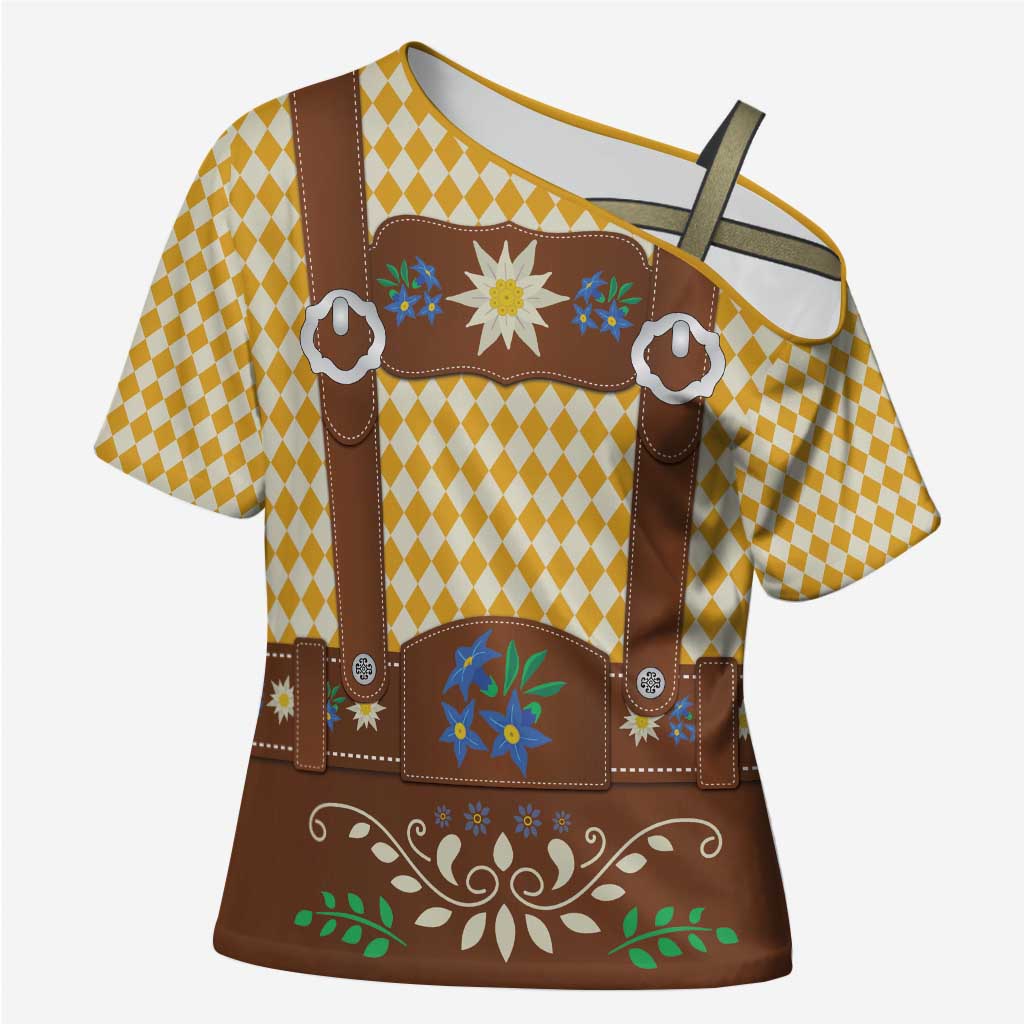 Lederhosen Oktoberfest Cross Shoulder Shirt Gold Edelweiss Floral Polka Dots - Wonder Print Shop