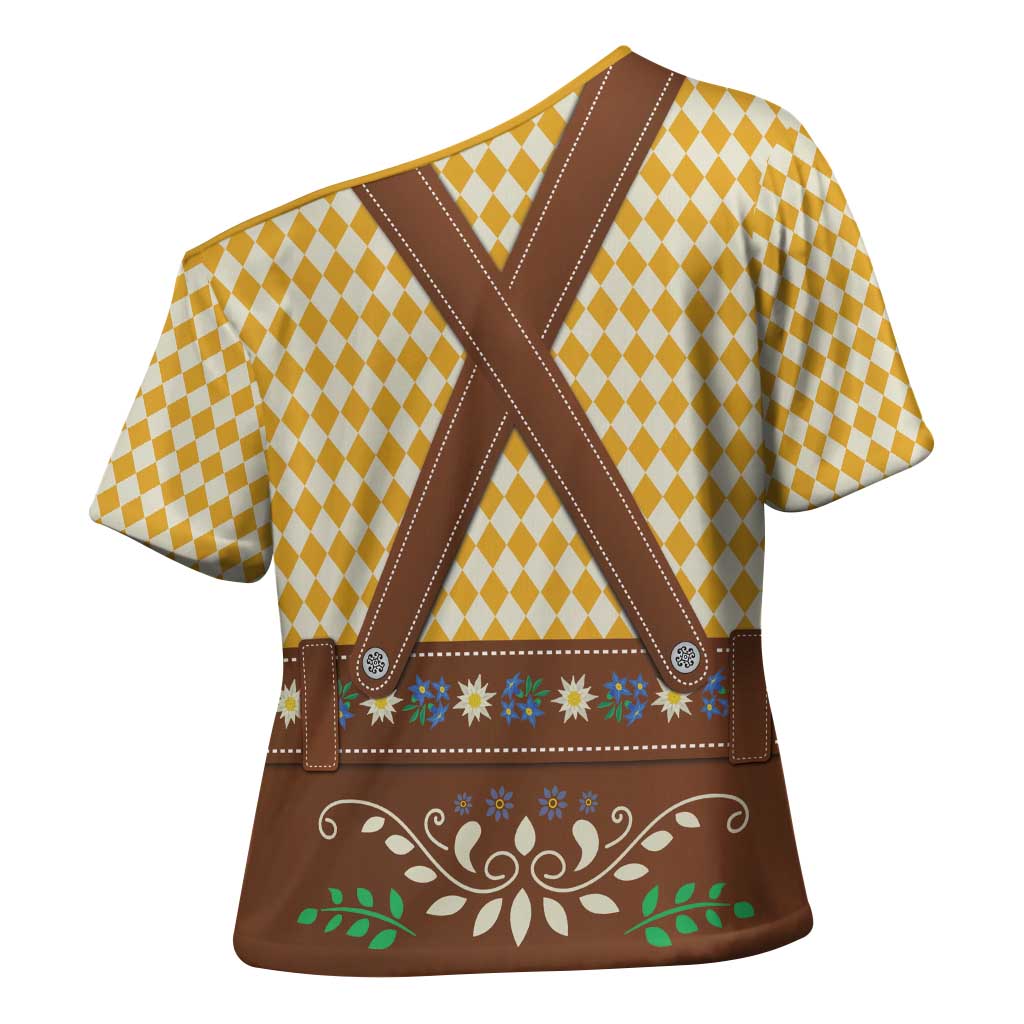 Lederhosen Oktoberfest Cross Shoulder Shirt Gold Edelweiss Floral Polka Dots - Wonder Print Shop