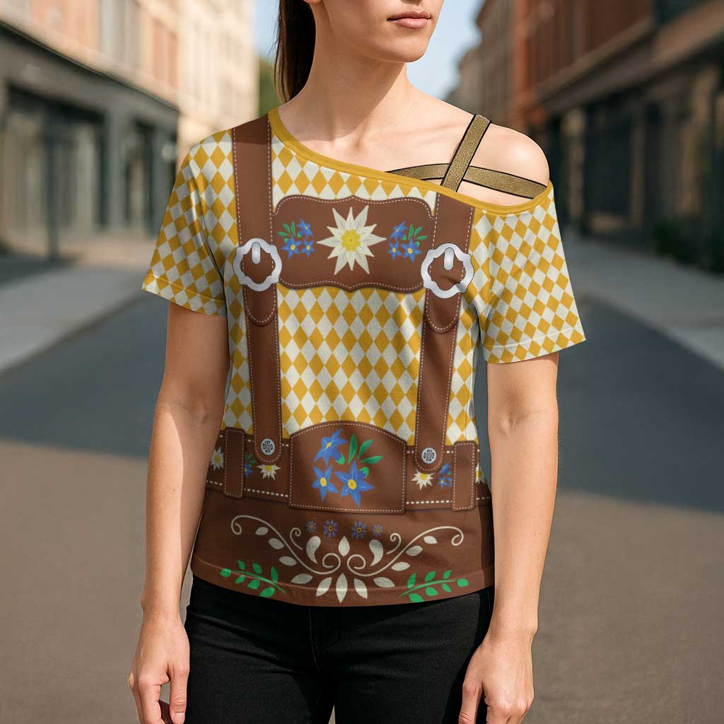 Lederhosen Oktoberfest Cross Shoulder Shirt Gold Edelweiss Floral Polka Dots - Wonder Print Shop
