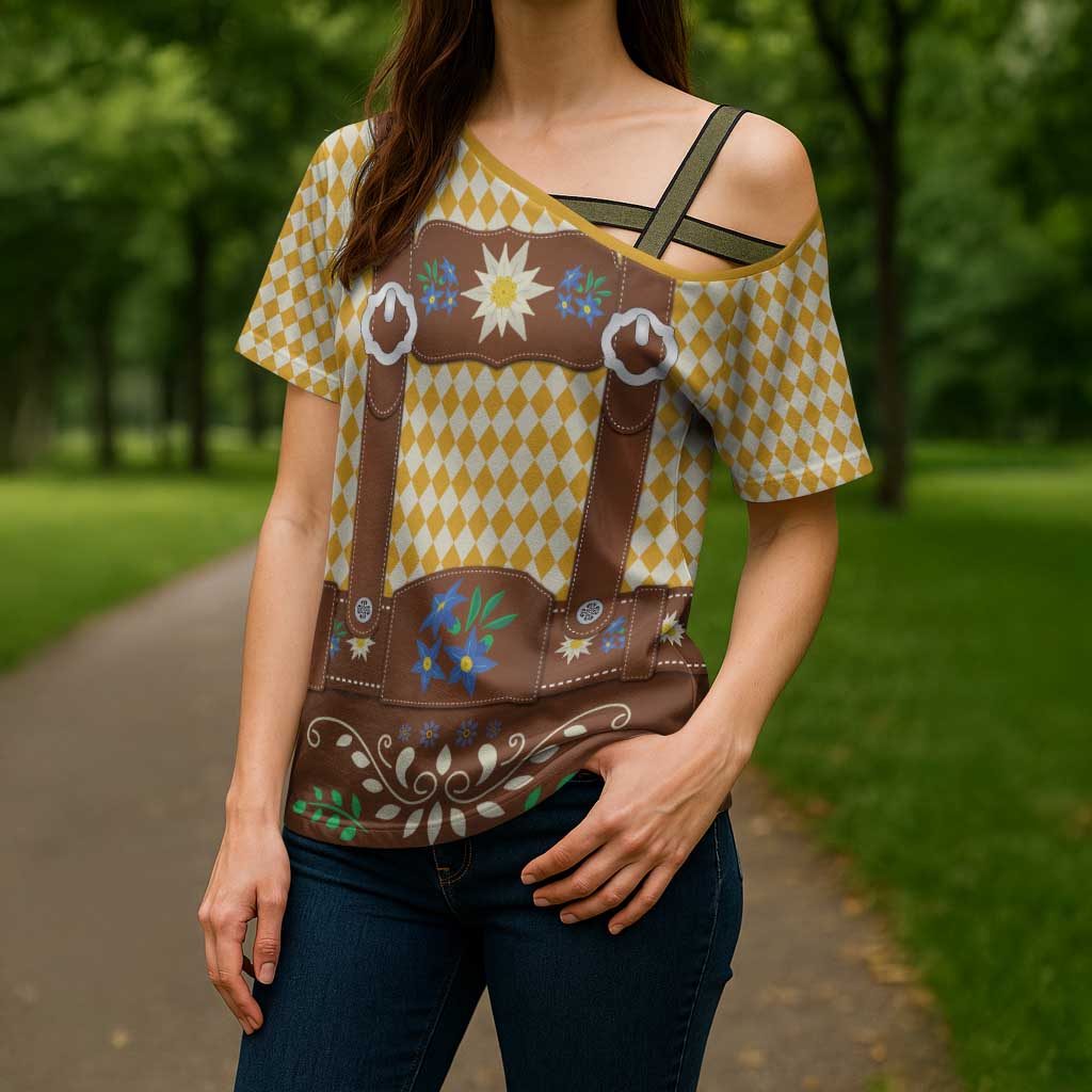 Lederhosen Oktoberfest Cross Shoulder Shirt Gold Edelweiss Floral Polka Dots - Wonder Print Shop