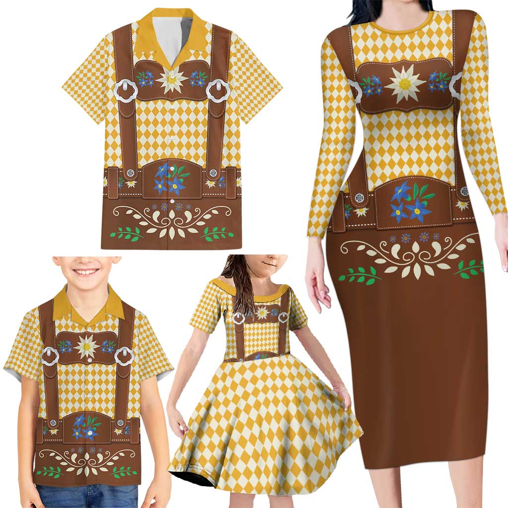 Lederhosen Oktoberfest Family Matching Long Sleeve Bodycon Dress and Hawaiian Shirt Gold Edelweiss Floral Polka Dots - Wonder Print Shop