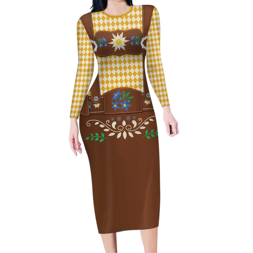 Lederhosen Oktoberfest Family Matching Long Sleeve Bodycon Dress and Hawaiian Shirt Gold Edelweiss Floral Polka Dots - Wonder Print Shop