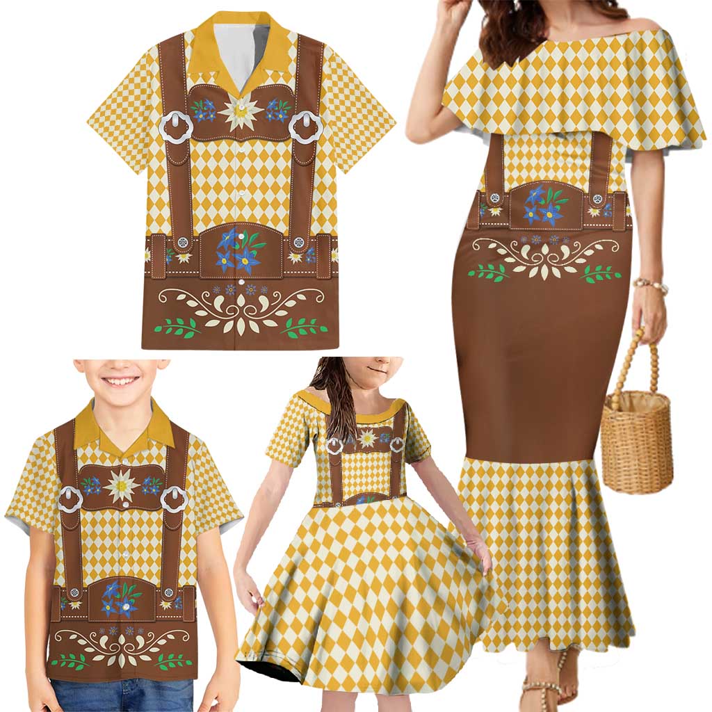 Lederhosen Oktoberfest Family Matching Mermaid Dress and Hawaiian Shirt Gold Edelweiss Floral Polka Dots - Wonder Print Shop